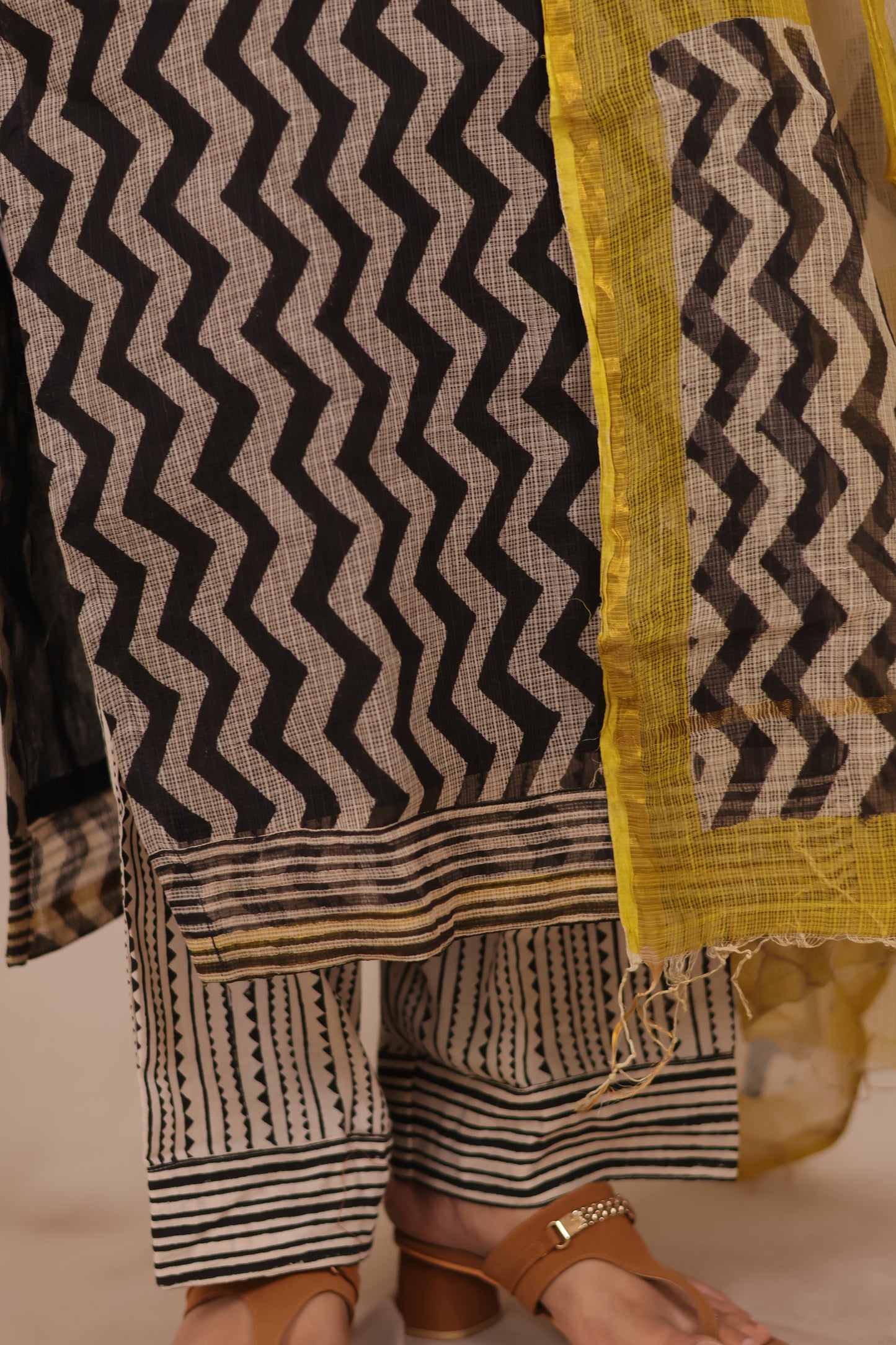 Black Contemporary Handblock printed kota 3 piece suit (stitched)
