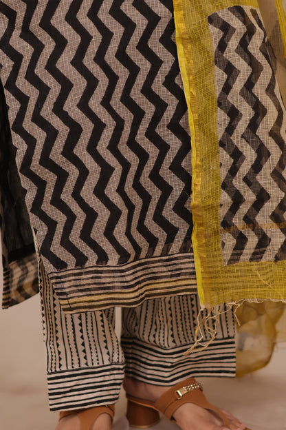 Black Contemporary Handblock printed kota 3 piece suit (stitched)
