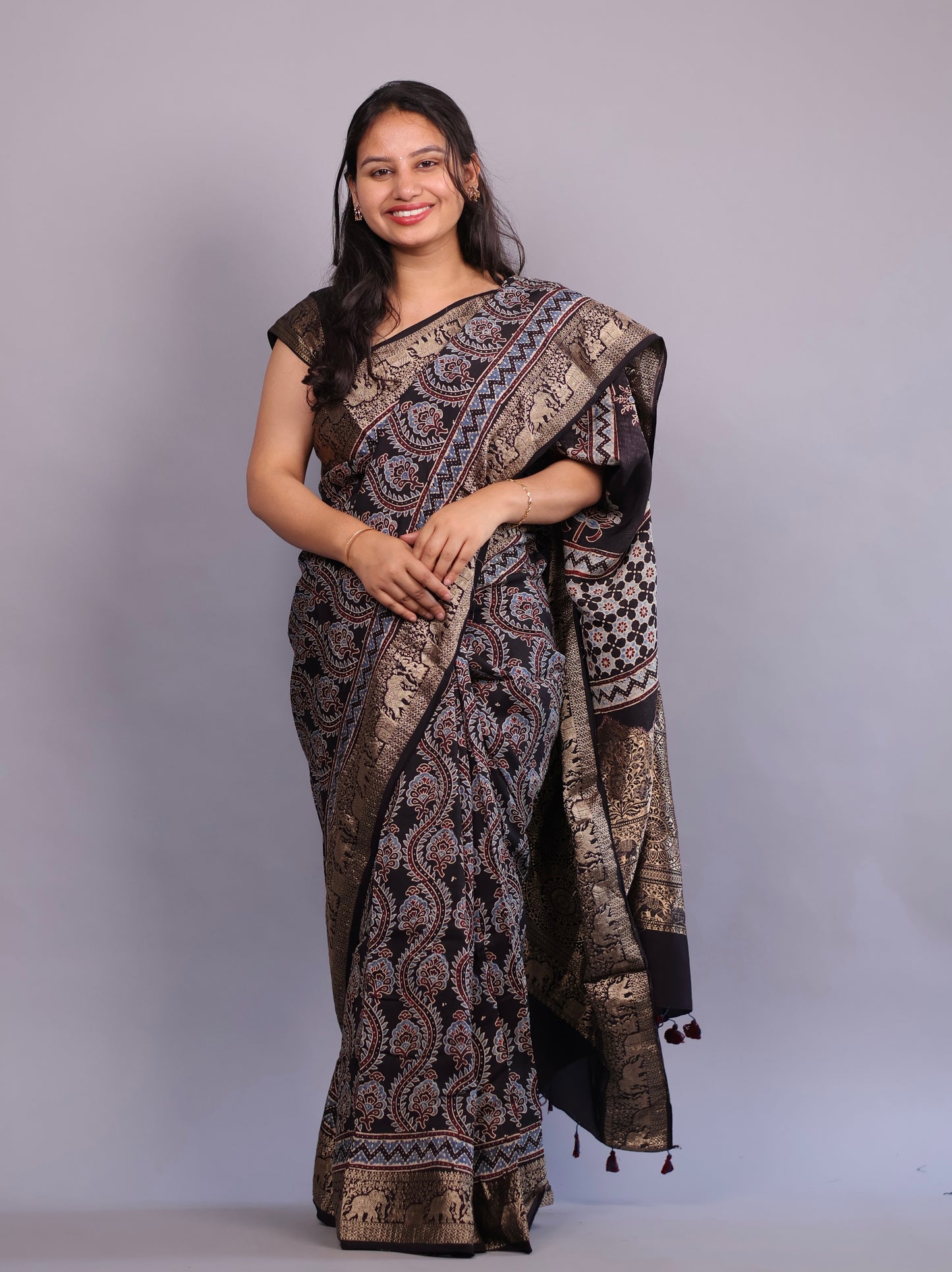 Black Floral Jal Motifs Ajrakh Handblock printed Dola Silk Saree | Looms & Tassels
