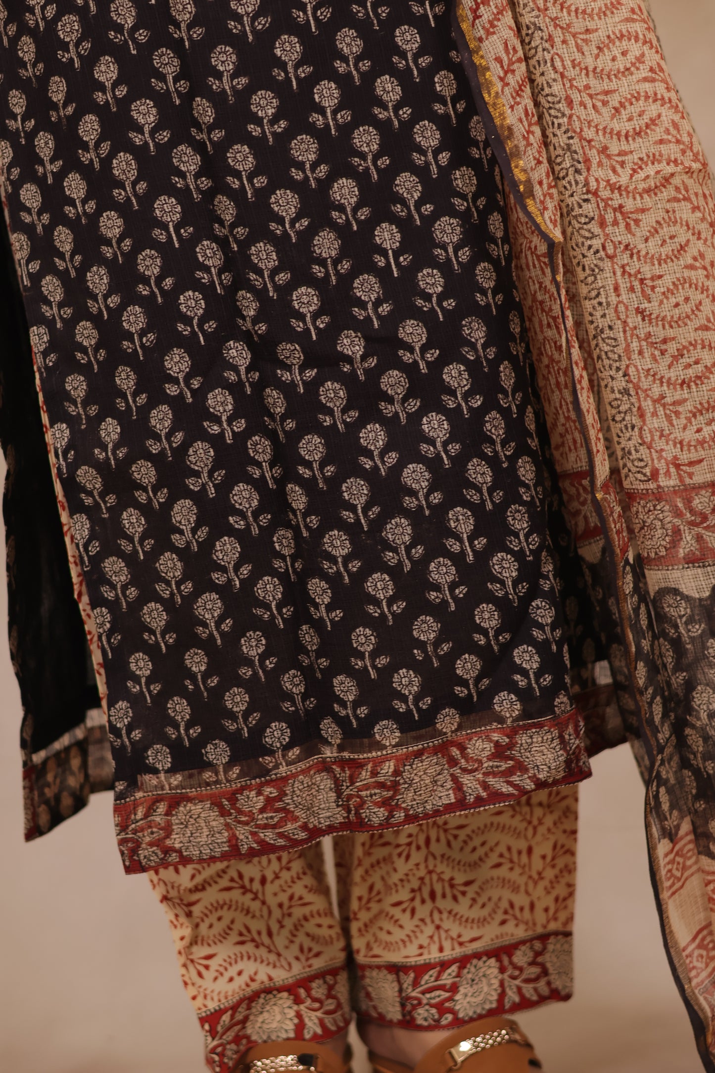 Black Handblock printed kota 3 piece suit (stitched)