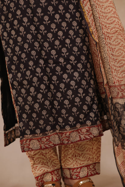 Black Handblock printed kota 3 piece suit (stitched)