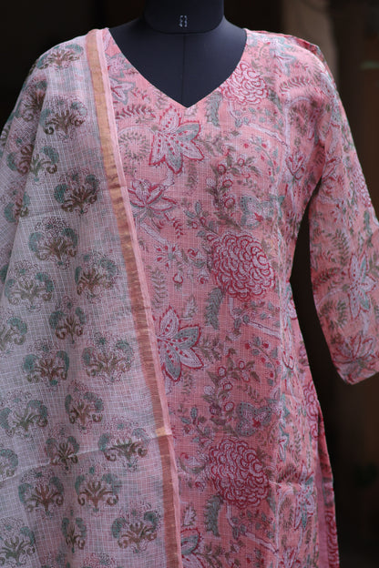 Peach Handblock printed kota 3 piece suit (stitched)