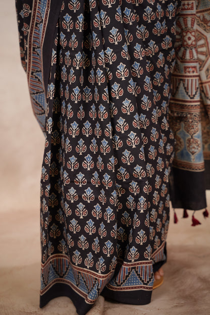 Black Ajrakh Hand Block Printed Cotton Saree | Looms & Tassels