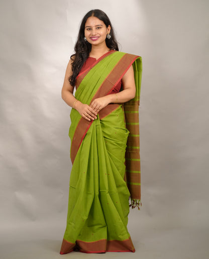 Parrot Green Handloom Venkatagiri Cotton Saree Without Blouse | Looms & Tassels
