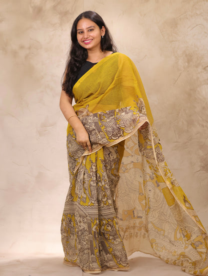 Yellow Kota Doria Saree with Kalamkari Handblock Prints | Looms & Tassels