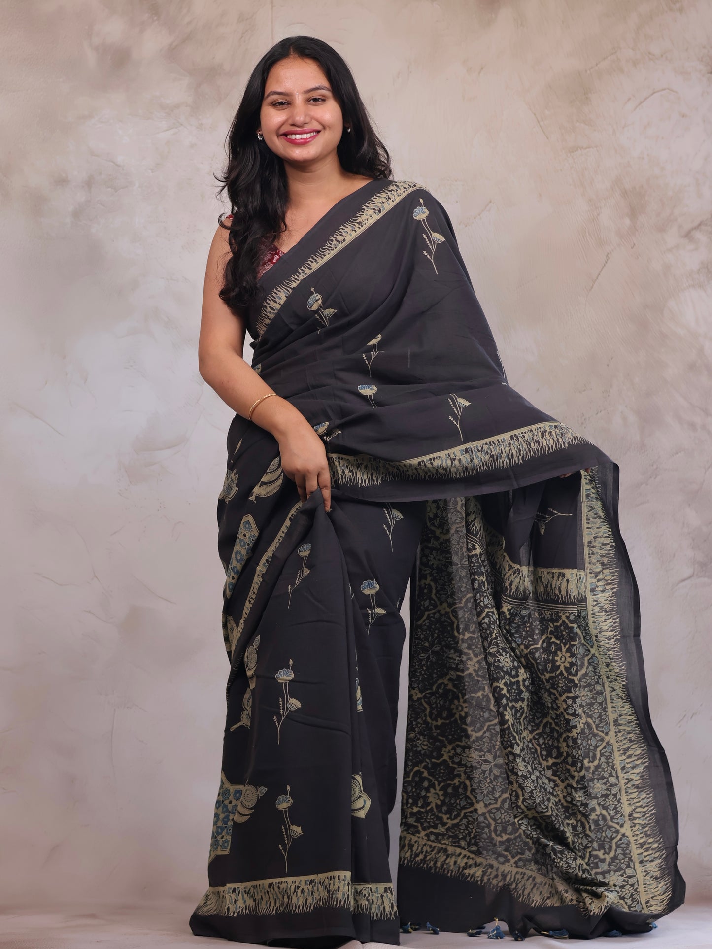 Elephant Grey Ajrakh Hand Block Printed Mul Cotton Saree | Looms & Tassels