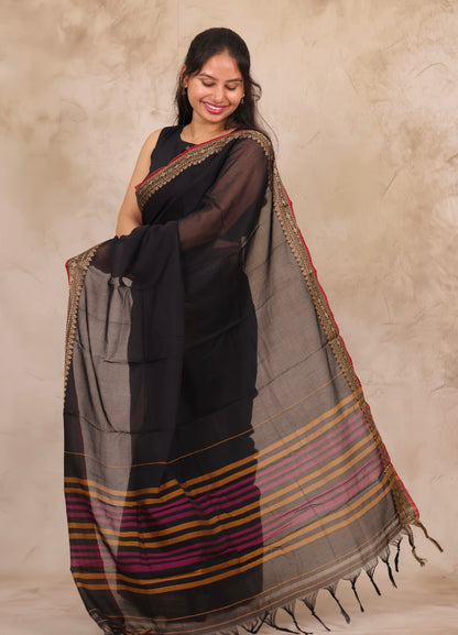 Black Narayanpet Cotton Saree | Looms & Tassels