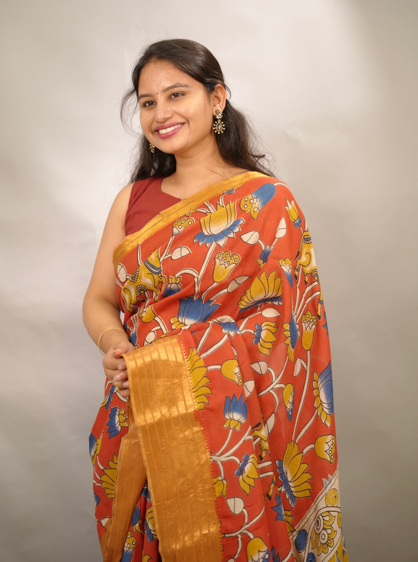 Rust Orange Kanchi border Kalamkari Chennur Silk Saree | Looms & Tassels