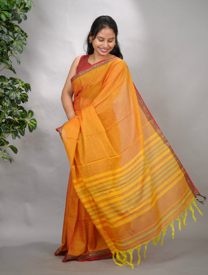 Festive Orange Narayanpet Cotton Saree | Looms & Tassels