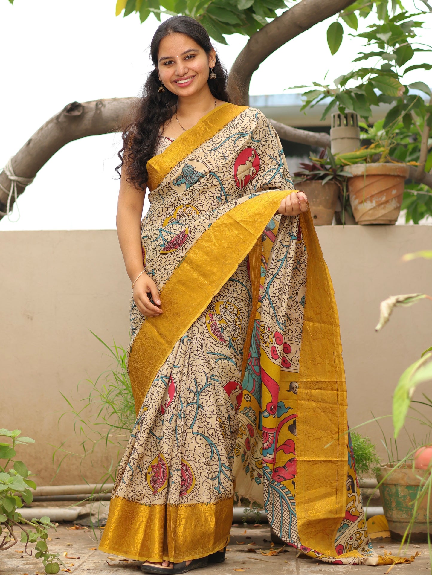 Cream Kanchi border Kalamkari chennur silk saree