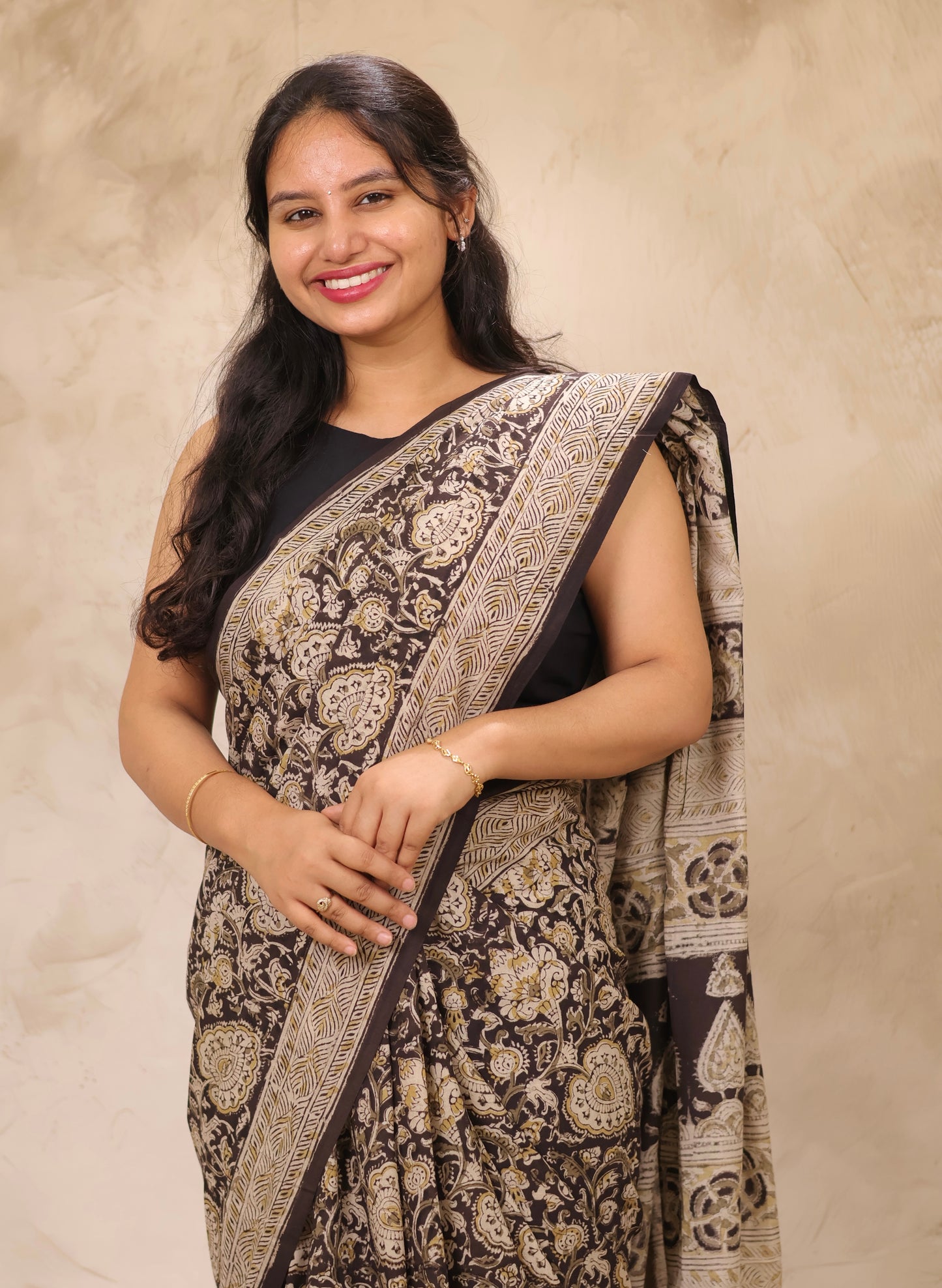Black Hand Block Printed Kalamkari Cotton Saree | Looms & Tassels