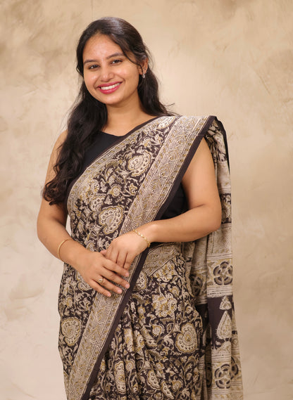 Black Hand Block Printed Kalamkari Cotton Saree | Looms & Tassels