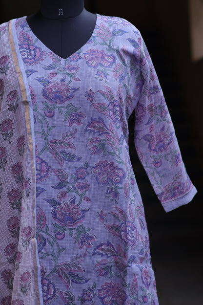 Pastel Lavender Handblock printed kota 3 piece suit (stitched)