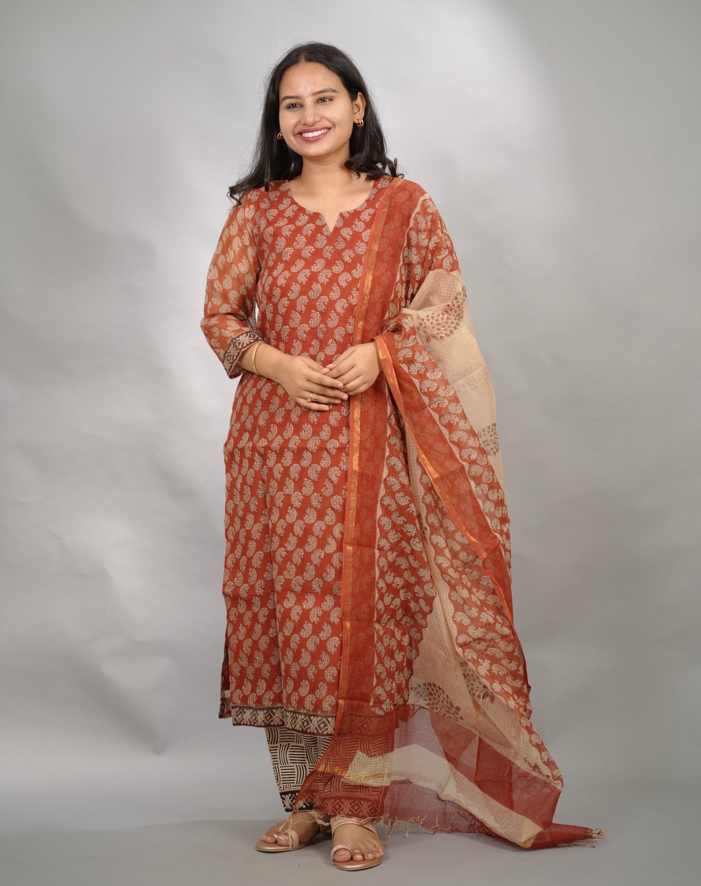 Maroon Handblock printed kota 3 piece suit (stitched)