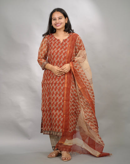 Maroon Handblock printed kota 3 piece suit (stitched)