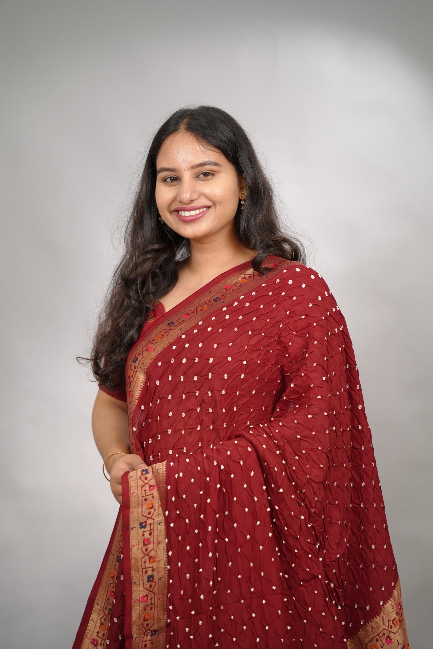 Maroon Handcrafted Bandhani Paithani Dola Silk Saree | Looms & Tassels
