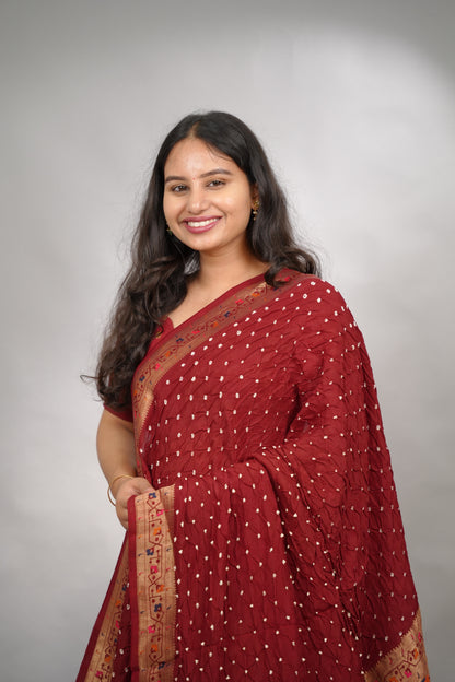 Maroon Handcrafted Bandhani Paithani Dola Silk Saree | Looms & Tassels
