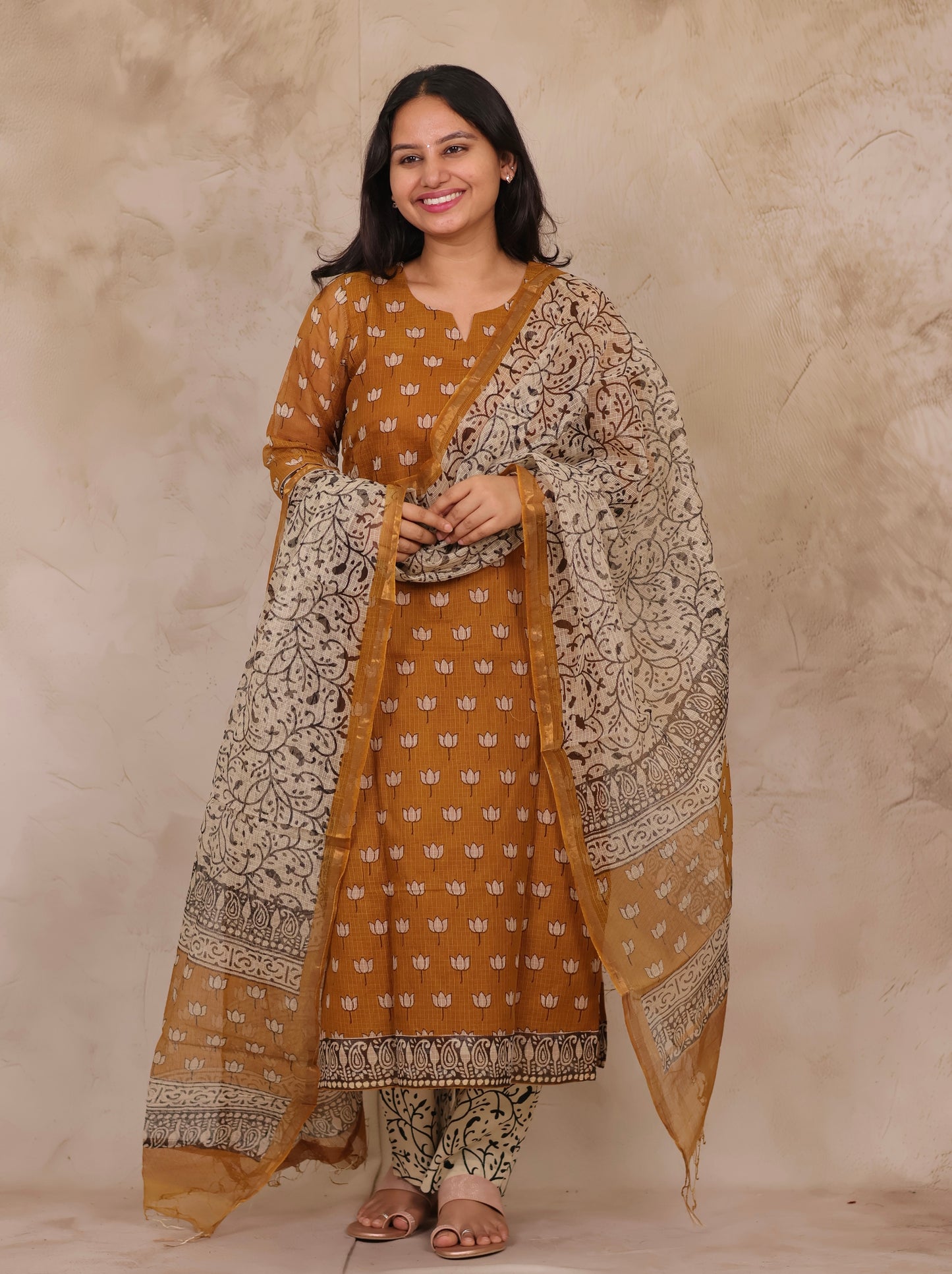 Mustard Handblock printed kota 3 piece suit (stitched)