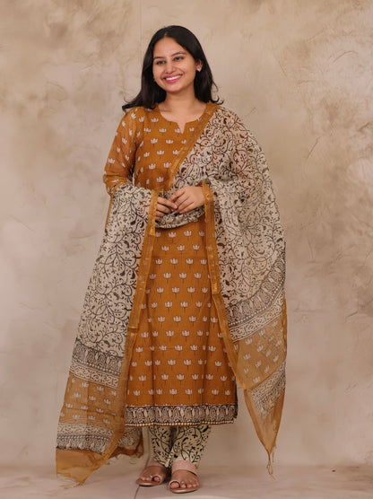 Mustard Handblock printed kota 3 piece suit (stitched)