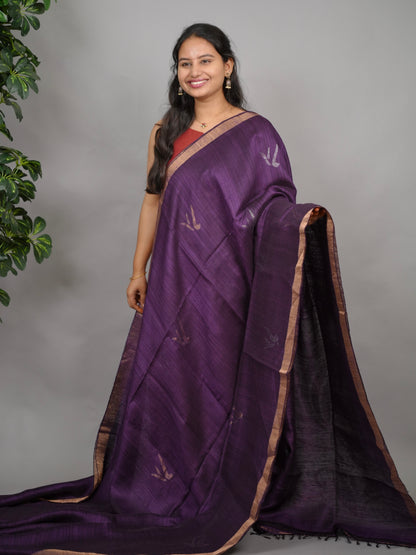 Purple  Handloom Jamdhani Pure Matka Silk Saree with Muslin Silk Pallu