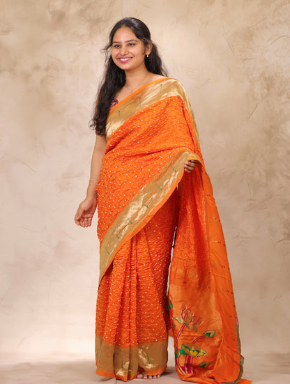 Orange Handcrafted Bandhani Paithani Dola Silk Saree | Looms & Tassels
