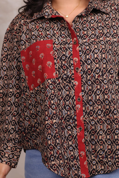 Black Ajrakh Handblock Printed Patch Work Shirt (Pure Cotton ) | Looms & Tassels