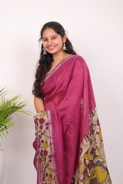 Magenta Plain Gap Border Kalamkari Premium Chennur Silk Handcrafted Saree