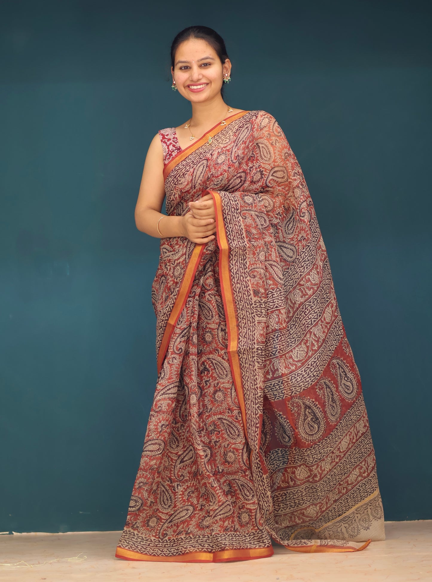 Kalamkari Hand block printed Kota Doria Saree