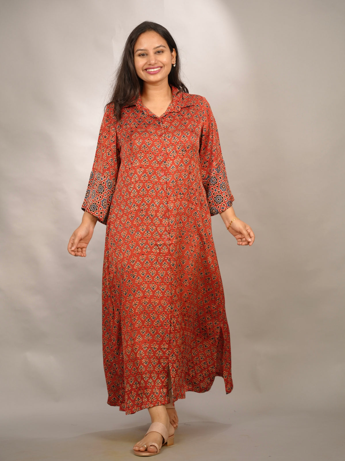 Red Ajrakh Modal Silk Aline Shirt Dress | Looms & Tassels