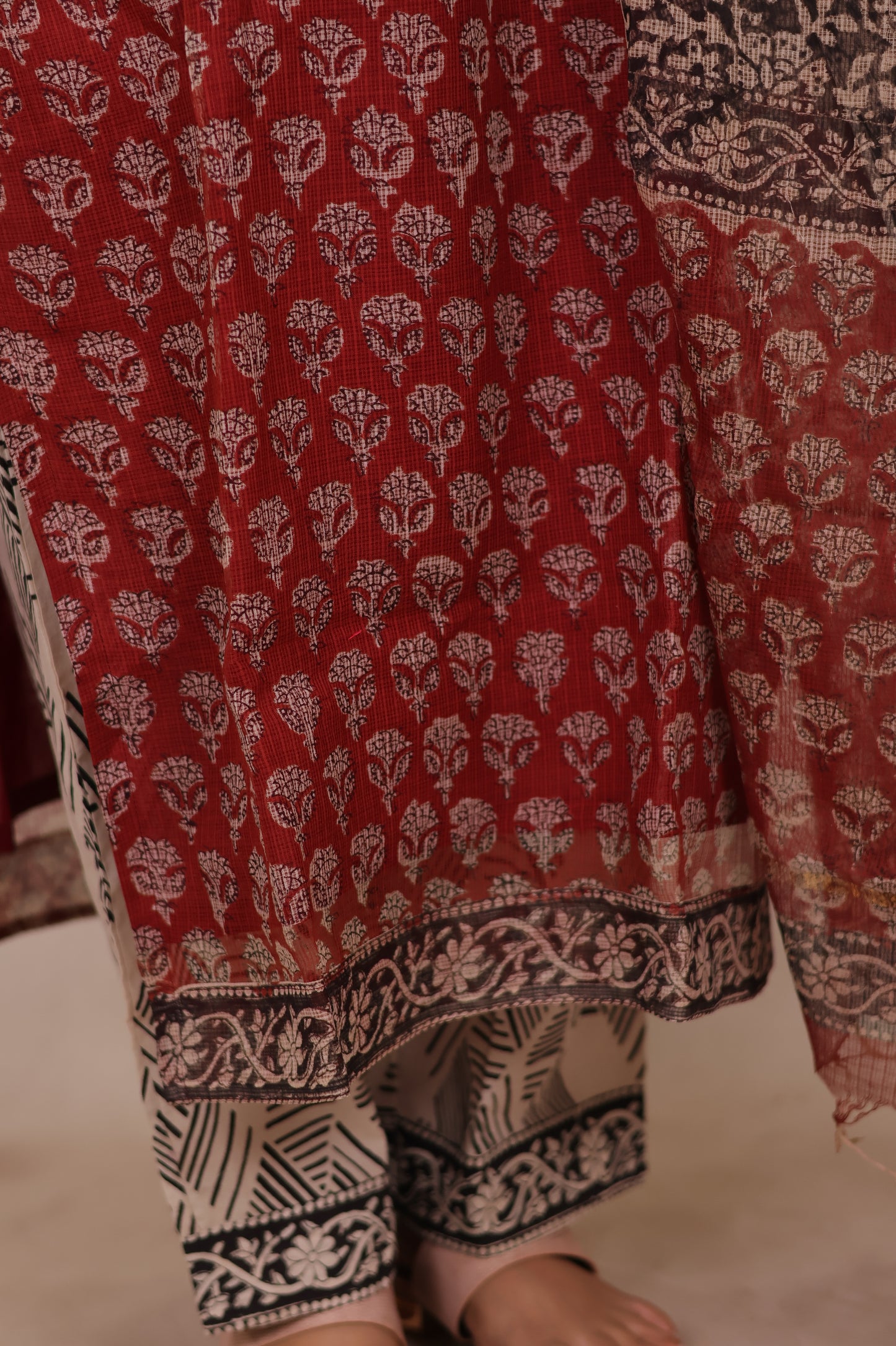 Maroon Handblock printed kota 3 piece suit (stitched)