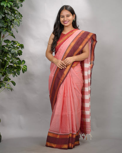 Onion Pink Narayanpet Cotton Saree With Ganga And Jamuna Border | Looms & Tassels