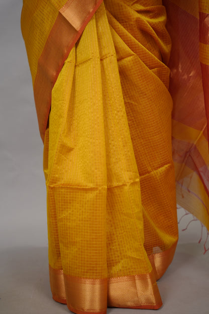 Mustard Yellow Checks Handloom Maheswari Silk Cotton Sarees | Looms & Tassels