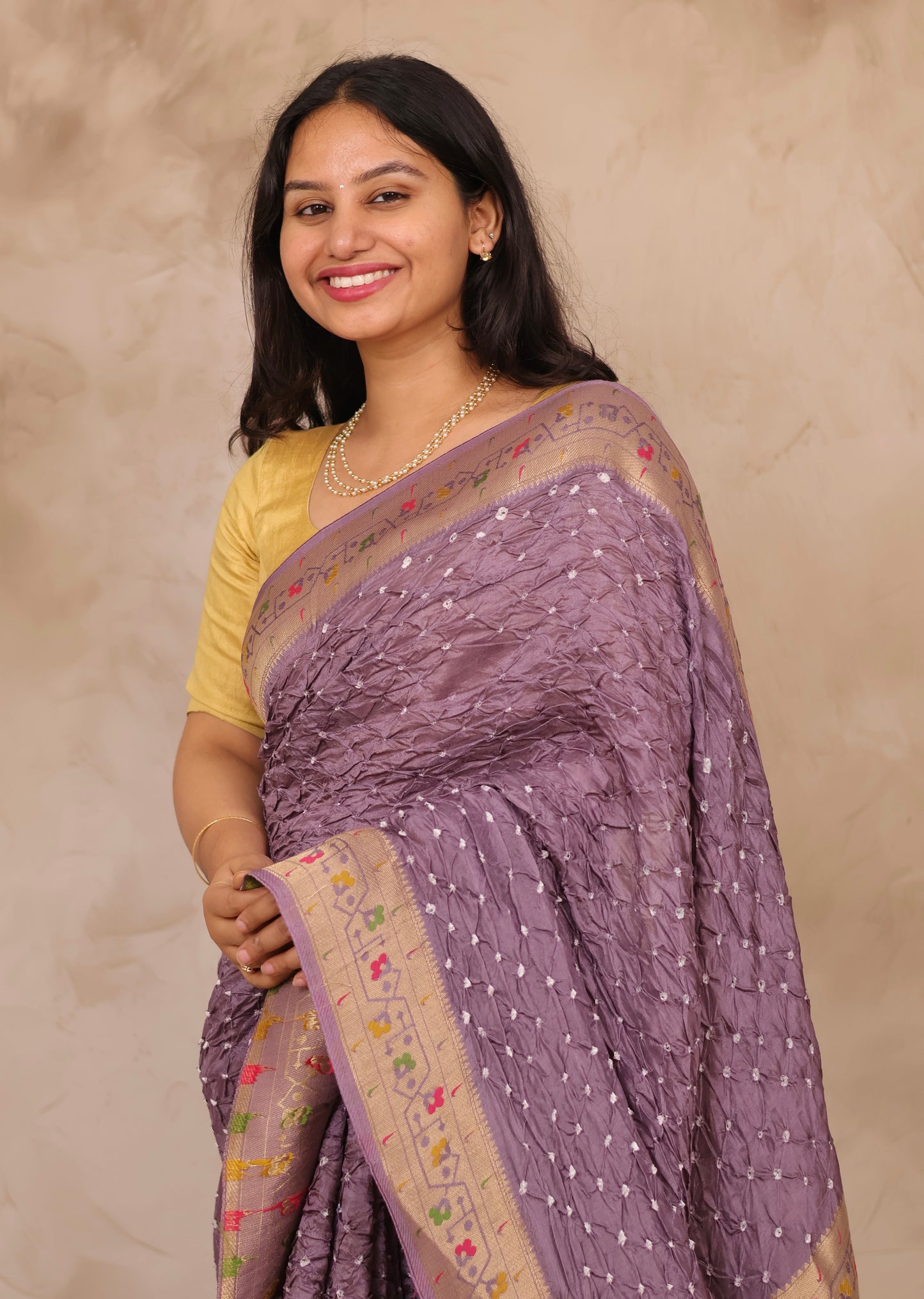 Dusty Lavender Handcrafted Bandhani Paithani Dola Silk Saree | Looms & Tassels