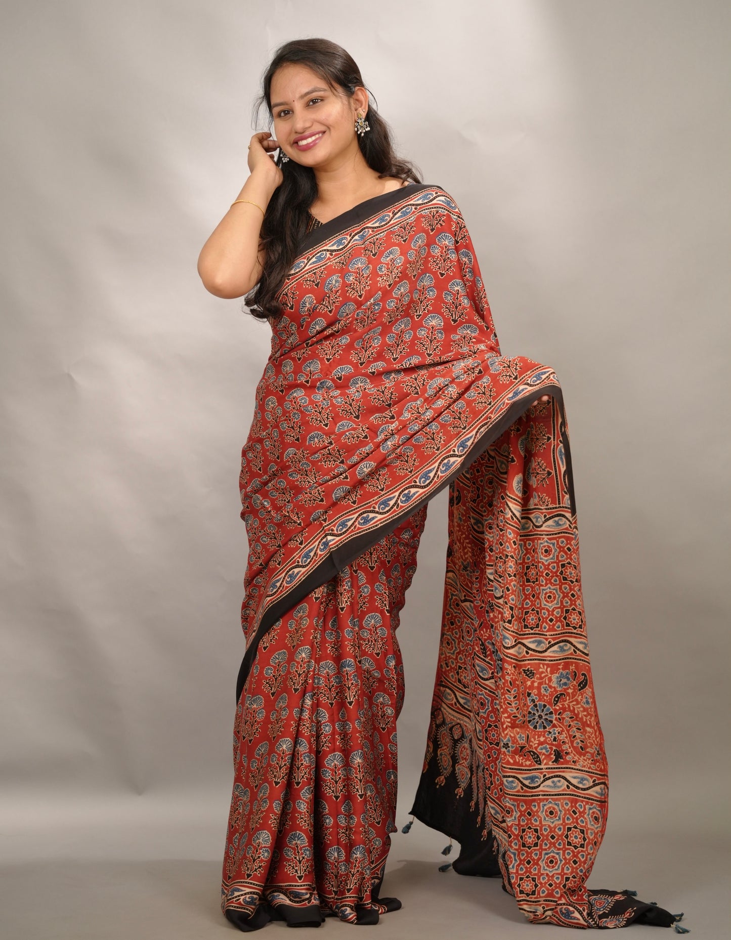 Maroon Kutchi Butta Authentic Ajrakh Handblock Printed Modal Silk Saree | Looms & Tassels