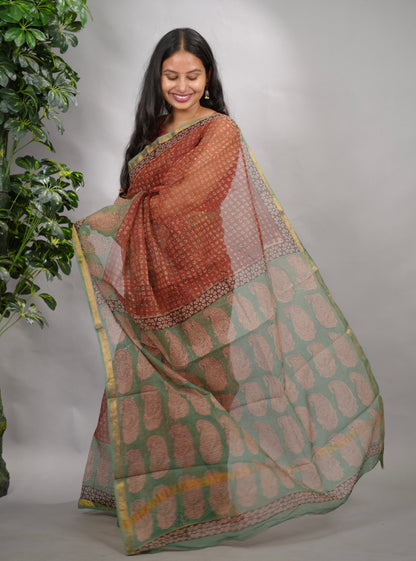 Maroon Pure Kota Doria Saree with Bagru Handblock Prints