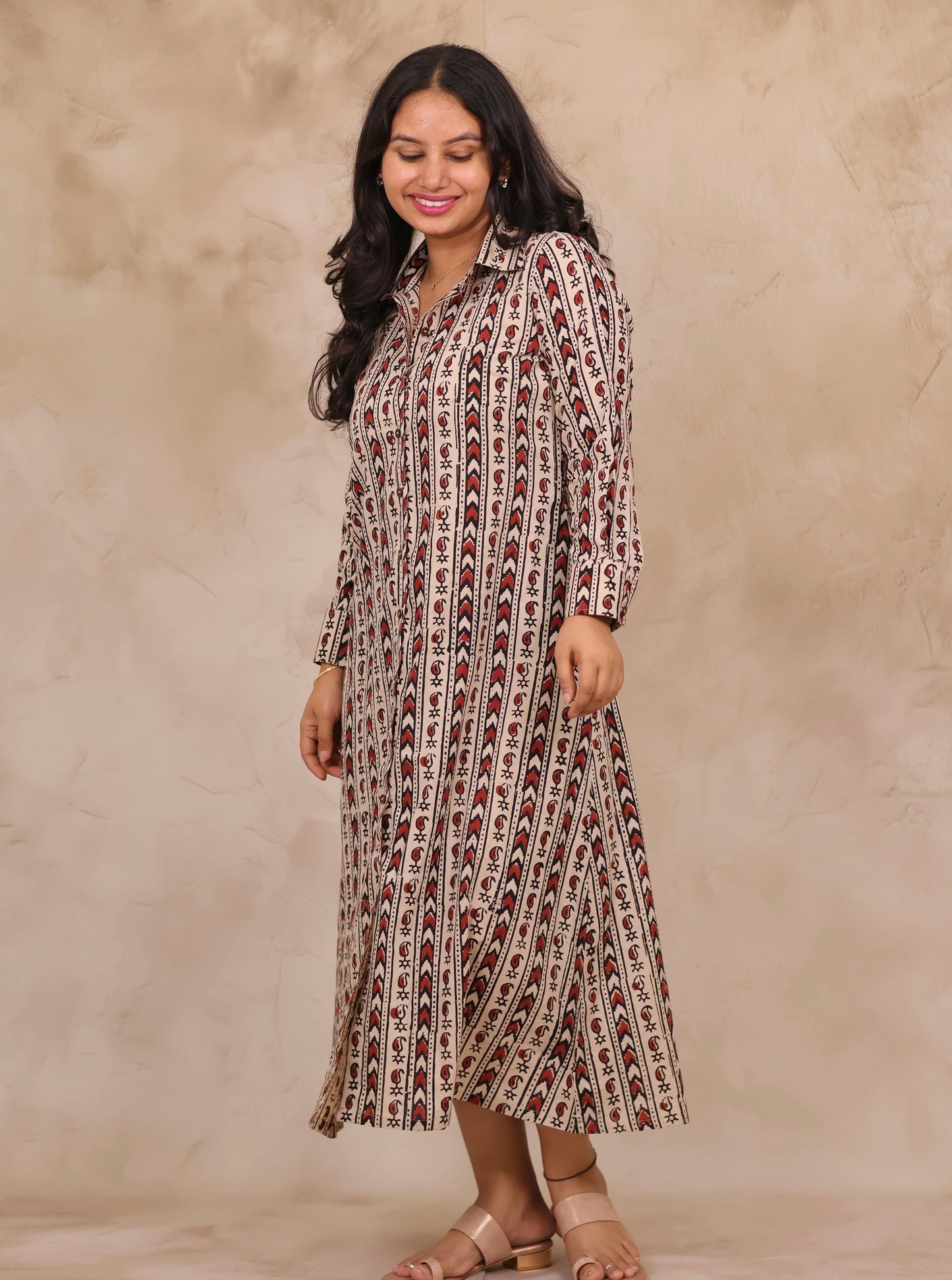 Cream Hand Block Printed Pure Mul Cotton A-Line Shirt Dress | Looms & Tassels