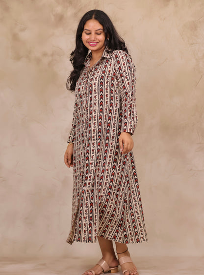 Cream Hand Block Printed Pure Mul Cotton A-Line Shirt Dress | Looms & Tassels