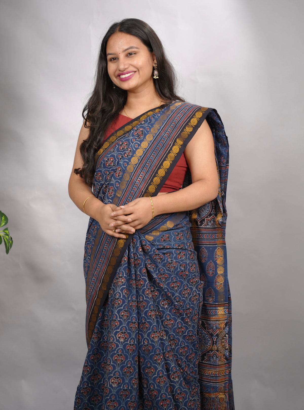 Indigo Ajrakh Hand Block Printed Sungudi Cotton Saree | Looms & Tassels