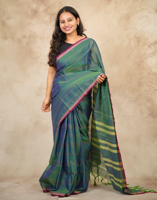 Green Duel Tone Narayanpet Cotton Saree lines weaving | Looms & Tassels