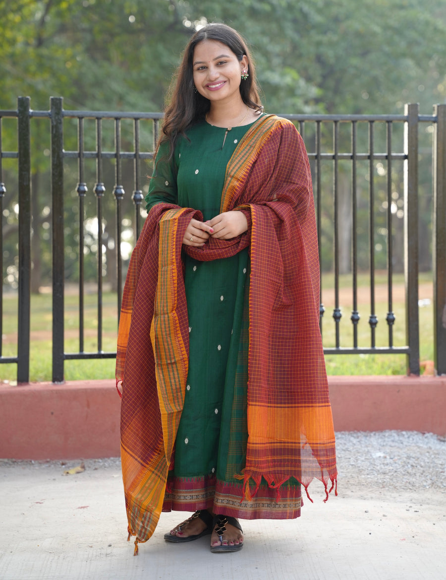 Green Narayanpet Cotton Anarkali Dress with Narayanpet Dupatta | Looms & Tassels