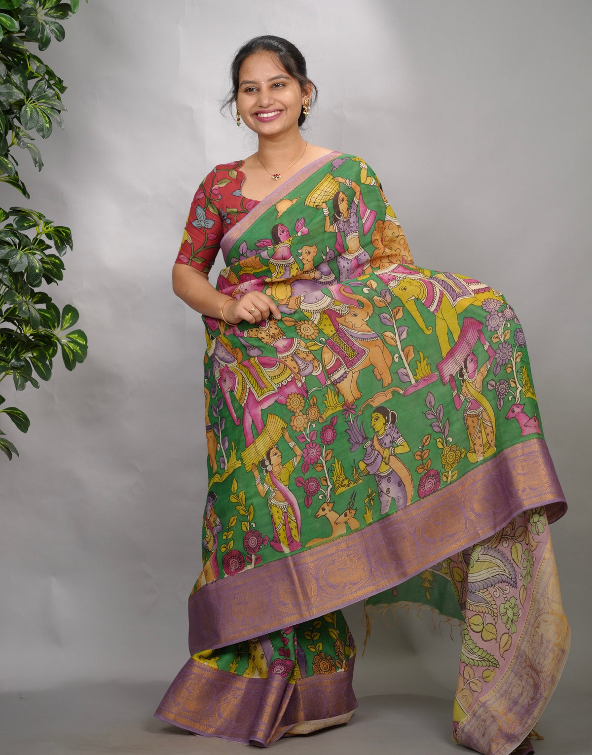 Green Hand Drawn Pen Kalamkari Bangalore Silk Kanchi Border Saree | Looms & Tassels
