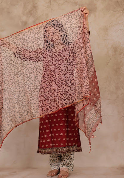 Deep Maroon Handblock printed kota 3 piece suit (stitched)
