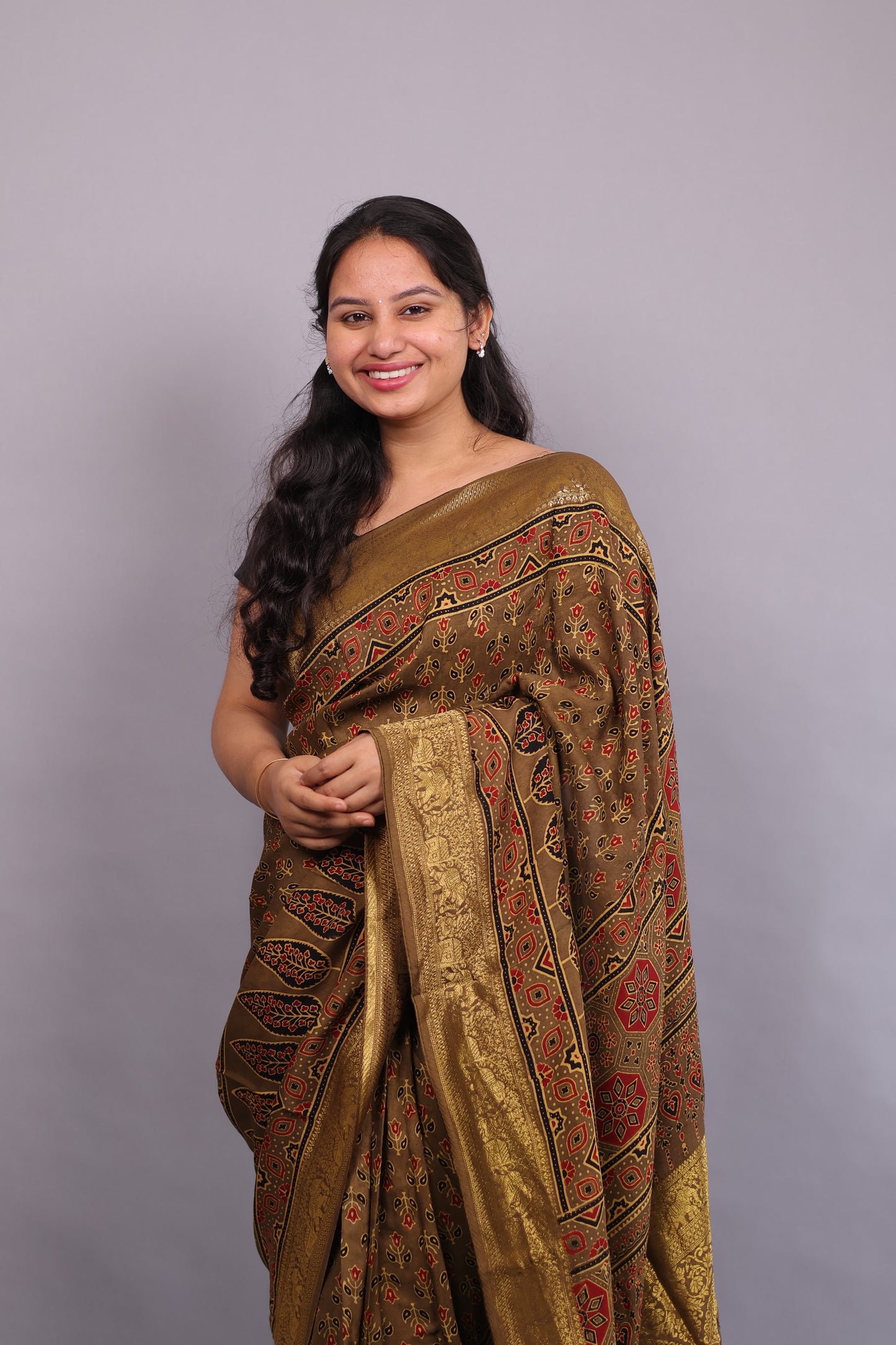 Antique Olive Brown Flower Butta Authentic Ajrakh Hand Block printed Dola Silk Saree | Looms & Tassels