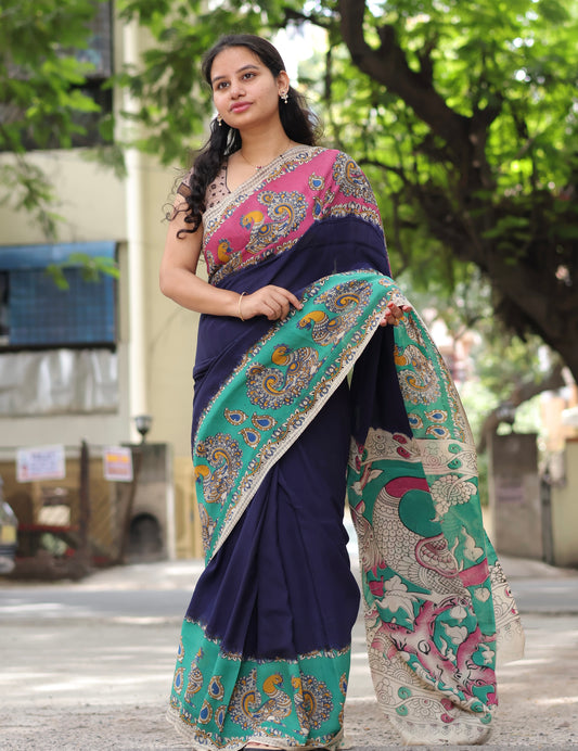 Blue Dual Color Border Kalamkari dyeing premium chennur silk saree