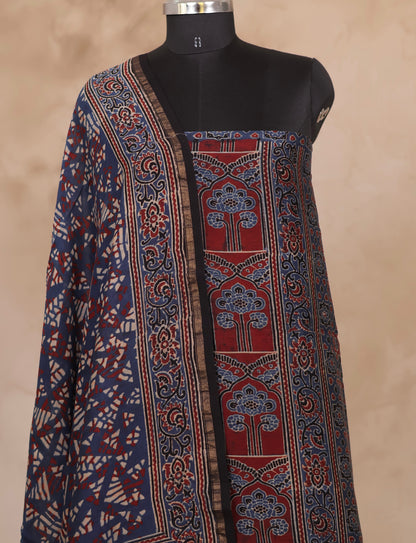 Chanderi Silk Cotton Ajrakh Handblock Printed 2 Piece Suit Set | Looms & Tassels