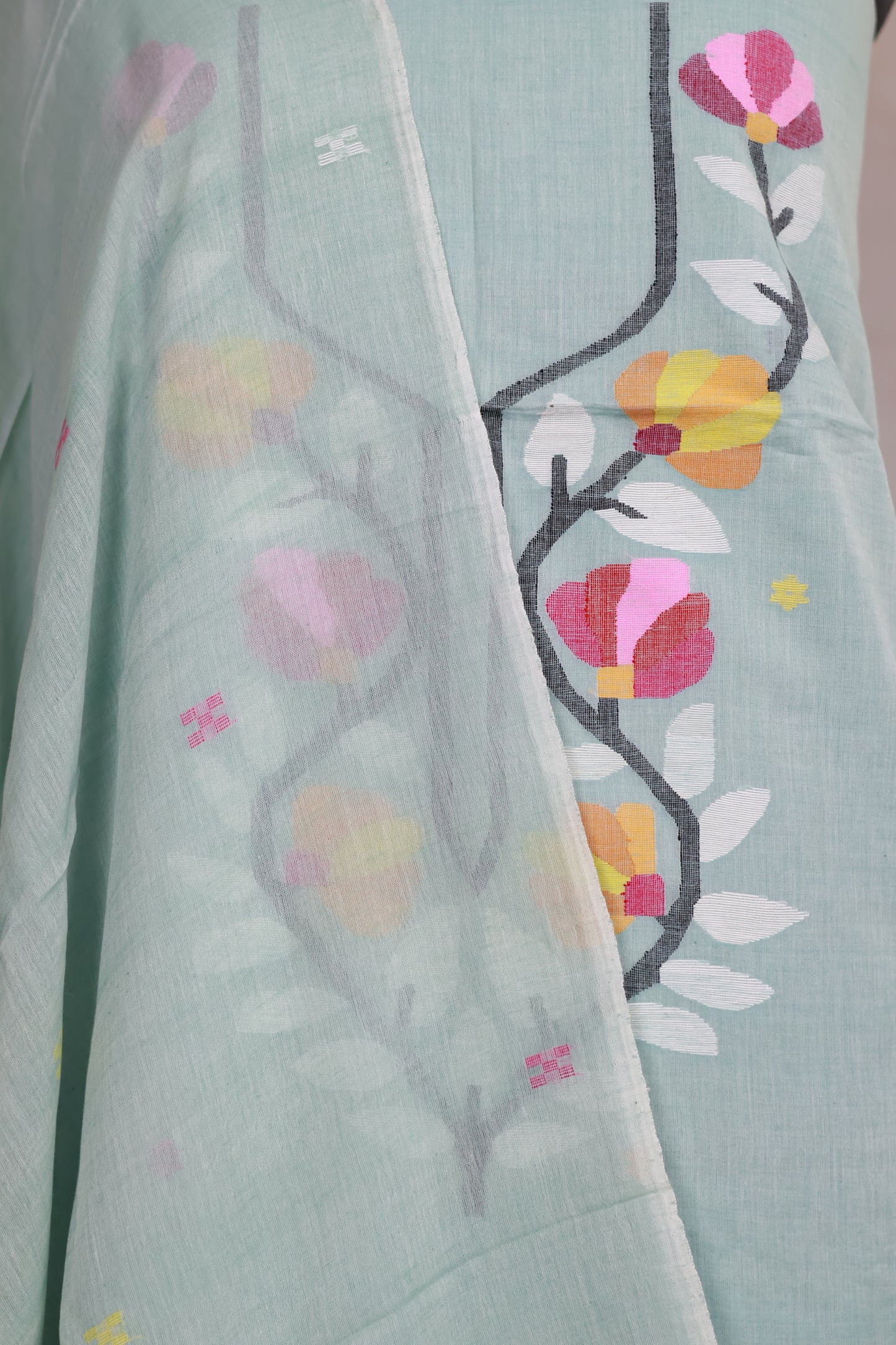 Pastel Mint Green Handwoven Jamdhani weaving pure Malai cotton 2 piece suit sets | Looms & Tassels