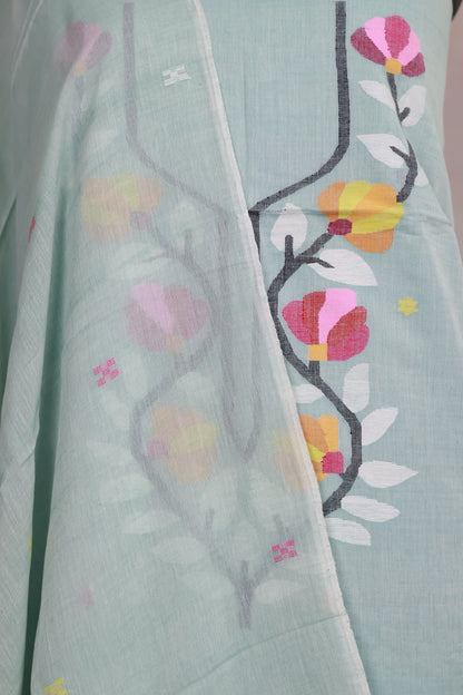Pastel Mint Green Handwoven Jamdhani weaving pure Malai cotton 2 piece suit sets | Looms & Tassels