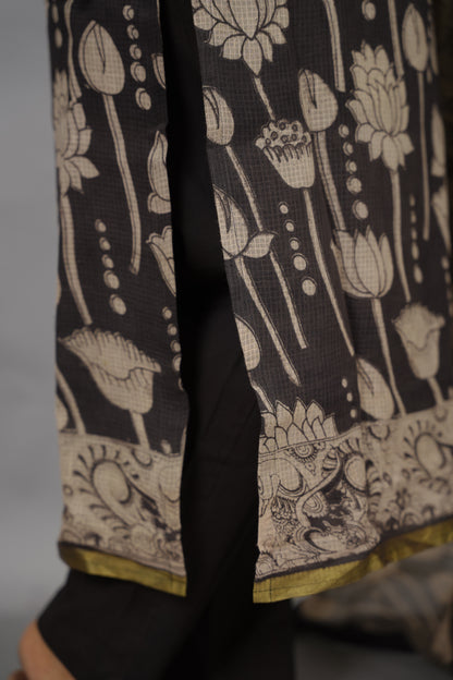 Black Kalamkari Kota Cotton 3 piece suit (stitched) | Looms & Tassels