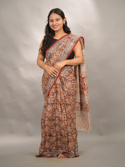 Red Hand Block Printed Kalamkari Cotton Saree | Looms & Tassels