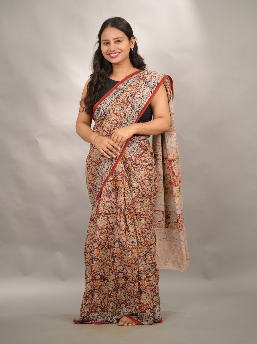 Red Hand Block Printed Kalamkari Cotton Saree | Looms & Tassels